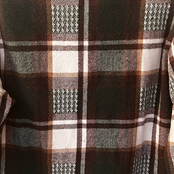 Green Brown White Plaid Heavy Flannel Button Up Fall Winter Shirt Blouse Top - Picture 9 of 12